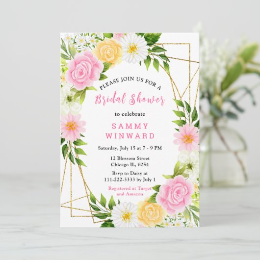 Summer Pink and Yellow Flowers and Foliage 招待状 (スタンド正面)