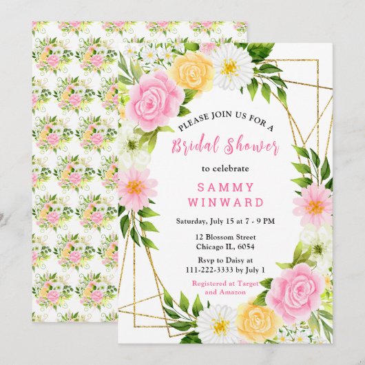 Summer Pink and Yellow Flowers and Foliage 招待状 (正面/裏面)