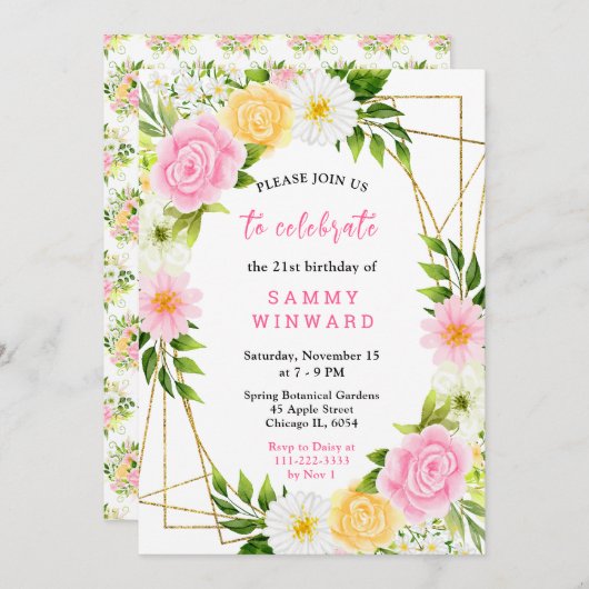 Summer Pink and Yellow Flowers and Foliage 招待状 (正面/裏面)