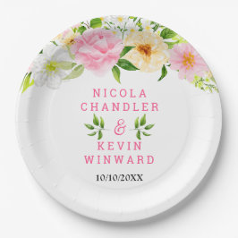 Summer Pink and Yellow Flowers and Foliage Wedding ペーパープレート