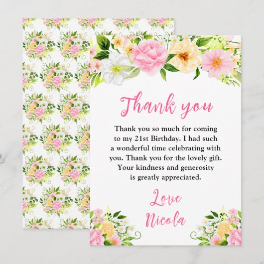 Summer Pink and Yellow Flowers Birthday サンキューカード (正面/裏面)