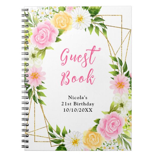 Summer Pink and Yellow Flowers Birthday Guest Book ノートブック (正面)