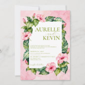 Summer Pink Green Floral Watercolor QRcode Wedding 招待状 (正面)