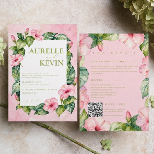 Summer Pink Green Floral Watercolor QRcode Wedding 招待状