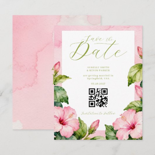 Summer Pink Green Floral Watercolor Wedding セーブザデート (正面/裏面)