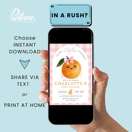 Summer Pink Little Cutie Orange 1st First Birthday 招待状