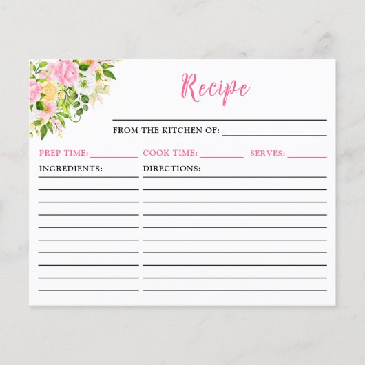 Summer Pink Yellow Floral Recipe Card (正面)