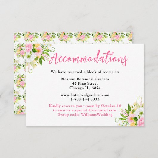 Summer Pink Yellow Floral Wedding Accommodations エンクロージャーカード (正面/裏面)