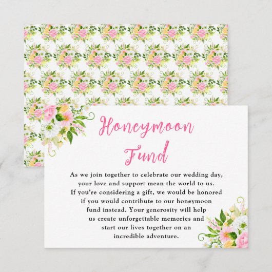Summer Pink Yellow Floral Wedding Honeymoon Fund エンクロージャーカード (正面/裏面)