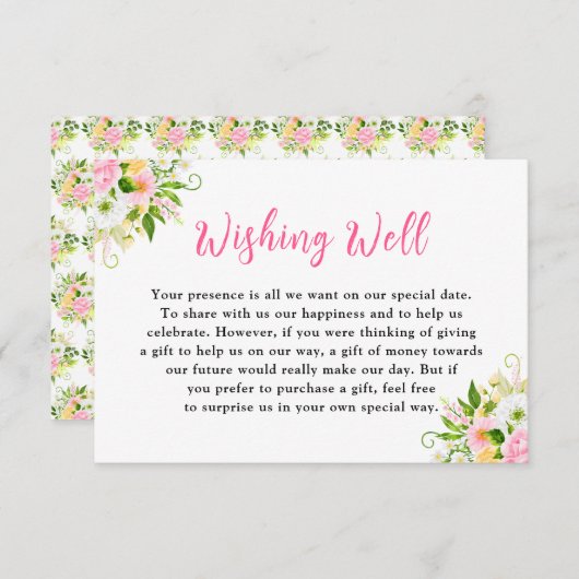 Summer Pink Yellow Floral Wedding Wishing Well エンクロージャーカード (正面/裏面)