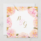 Summer pink yellow watercolor peony floral Wedding 招待状 (裏面)