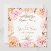 Summer pink yellow watercolor peony floral Wedding 招待状 (正面)