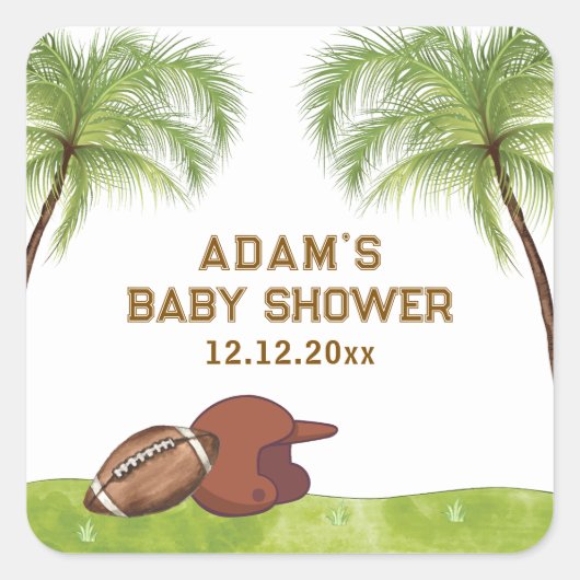 Summer Plam Tree Football Sport Boy Baby Shower スクエアシール (正面)