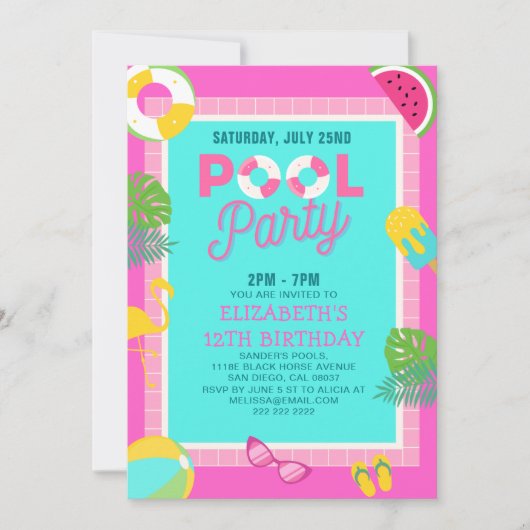 Summer Pool Birthday Bash Girl 招待状 (正面)