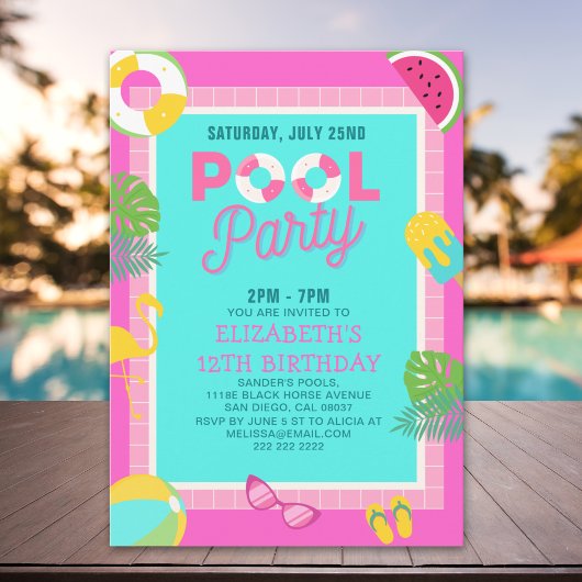 Summer Pool Birthday Bash Girl 招待状