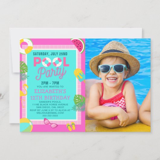 Summer Pool Birthday Bash Girl wIth Photo 招待状 (正面)