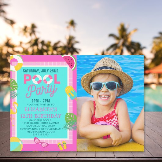 Summer Pool Birthday Bash Girl wIth Photo 招待状