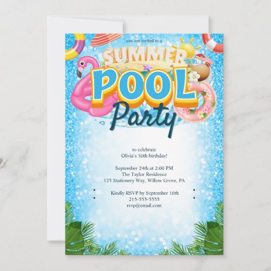 Summer Pool Party 30th Birthday Invitation 招待状 (正面)