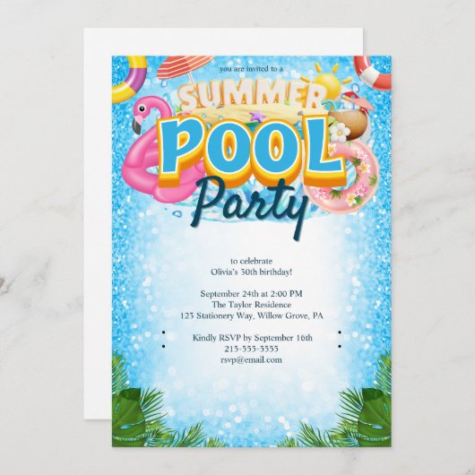 Summer Pool Party 30th Birthday Invitation 招待状 (正面/裏面)