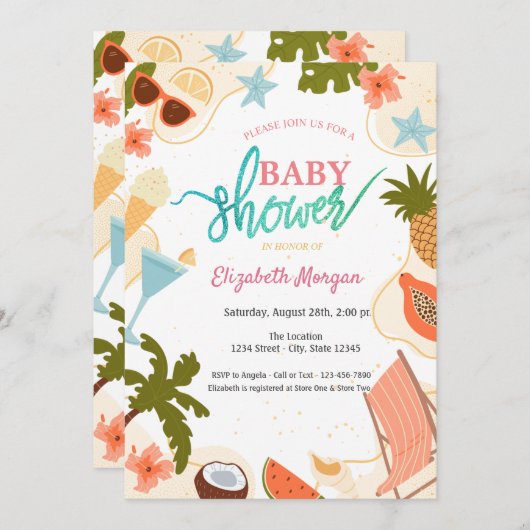  Summer Pool Party Baby Shower  招待状 (正面/裏面)