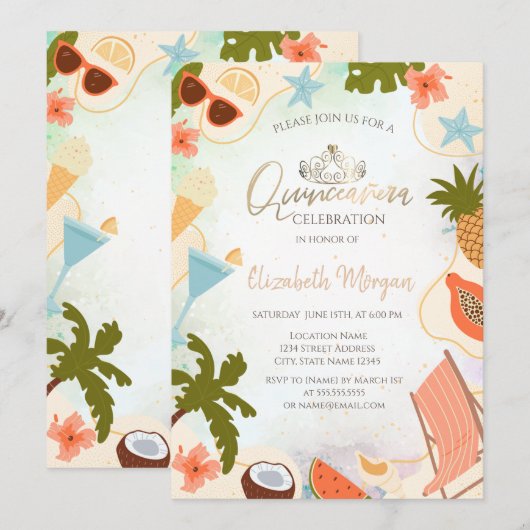 Summer Pool Party Quinceañera 招待状 (正面/裏面)