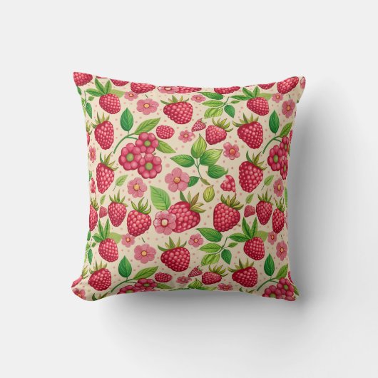 Summer Raspberry Garden Botanical Fruit Pattern クッション (正面)
