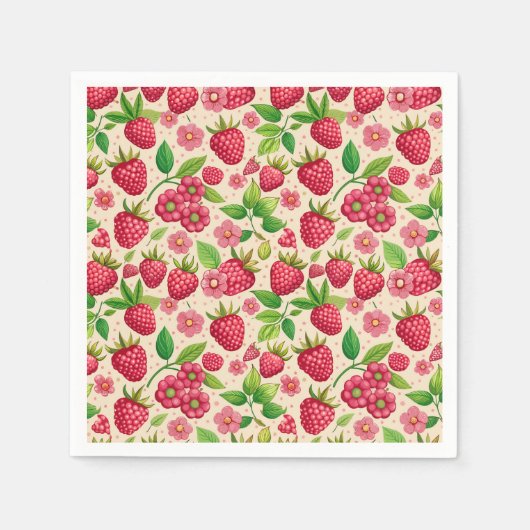 Summer Raspberry Garden Botanical Fruit Pattern スタンダードカクテルナプキン (正面)