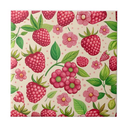 Summer Raspberry Garden Botanical Fruit Pattern タイル (正面)