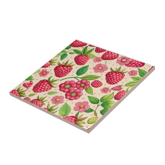 Summer Raspberry Garden Botanical Fruit Pattern タイル (側面)