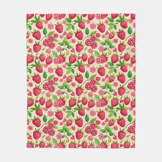 Summer Raspberry Garden Botanical Fruit Pattern フリースブランケット (正面)