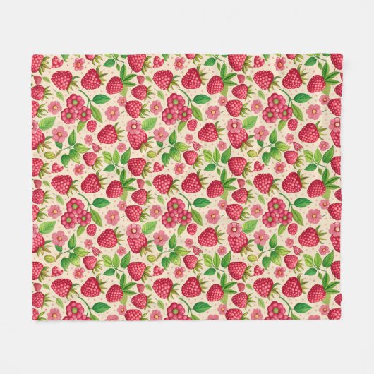 Summer Raspberry Garden Botanical Fruit Pattern フリースブランケット (正面(横))