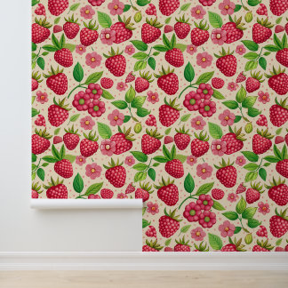 Summer Raspberry Garden Botanical Fruit Pattern 壁紙