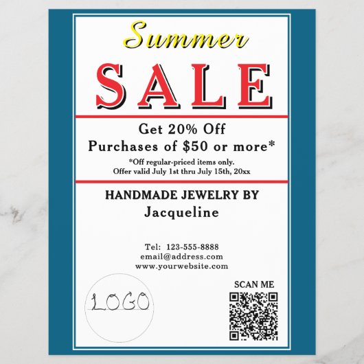 Summer Sale Blue White Heart チラシ (正面)