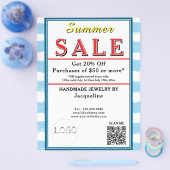 Summer Sale Blue White Watercolor Red Heart チラシ (シングル)