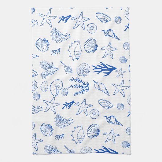 Summer Seashells Frame Beach Wedding Blue  キッチンタオル (縦)