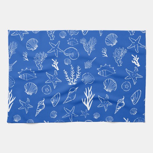 Summer Seashells Frame Beach Wedding Blue  キッチンタオル (横)