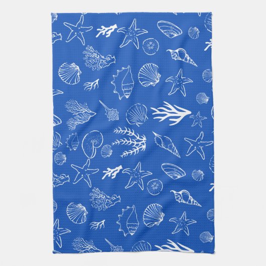 Summer Seashells Frame Beach Wedding Blue  キッチンタオル (縦)