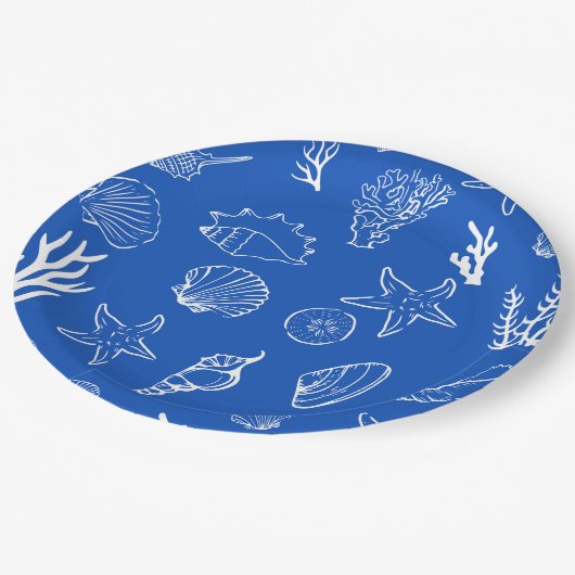 Summer Seashells Frame Beach Wedding Blue ペーパープレート (アングル)