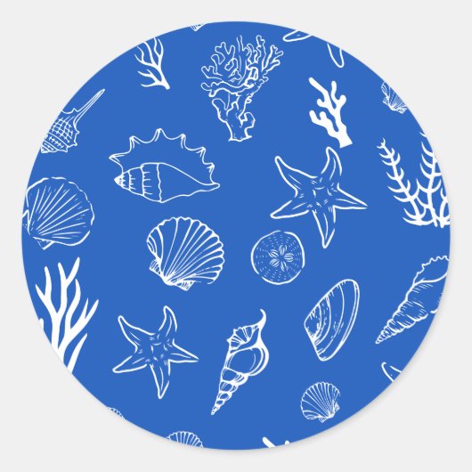 Summer Seashells Frame Beach Wedding Blue ラウンドシール (正面)