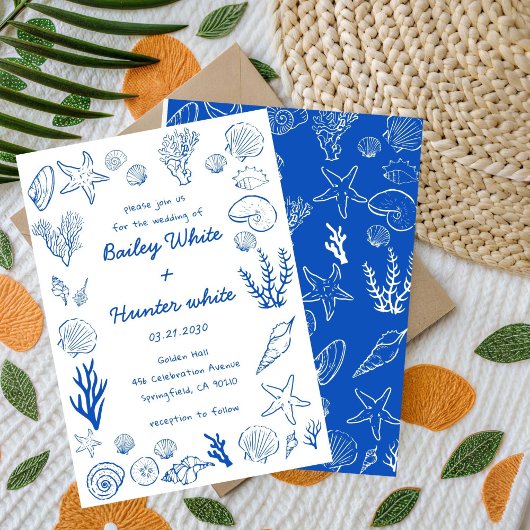 Summer Seashells Frame Beach Wedding Blue  招待状