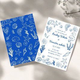 Summer Seashells Frame Beach Wedding Blue  招待状