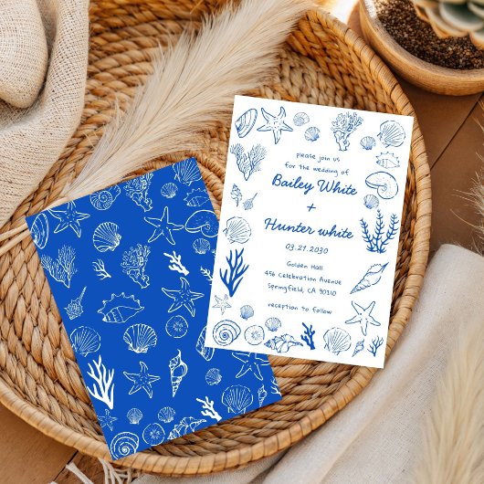 Summer Seashells Frame Beach Wedding Blue  招待状