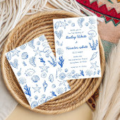 Summer Seashells Frame Beach Wedding Blue  招待状