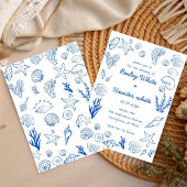 Summer Seashells Frame Beach Wedding Blue  招待状