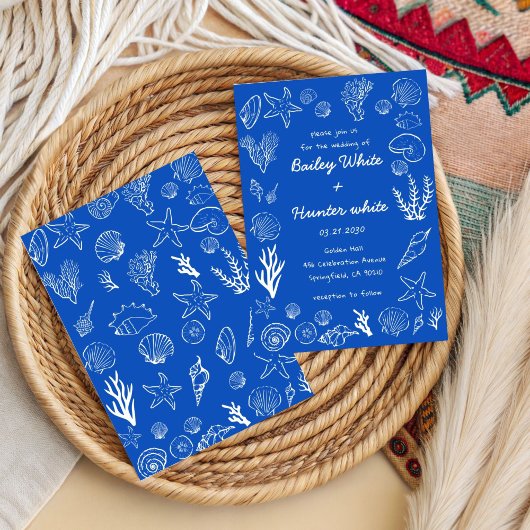  Summer Seashells Frame Beach Wedding Blue 招待状