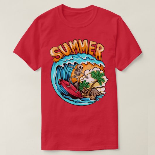 Summer Skeleton Surfing Wave Beach Summer Vacation Tシャツ (デザイン正面)