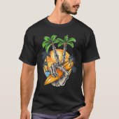 Summer skull coconut tree finger holding beach sur tシャツ (正面)