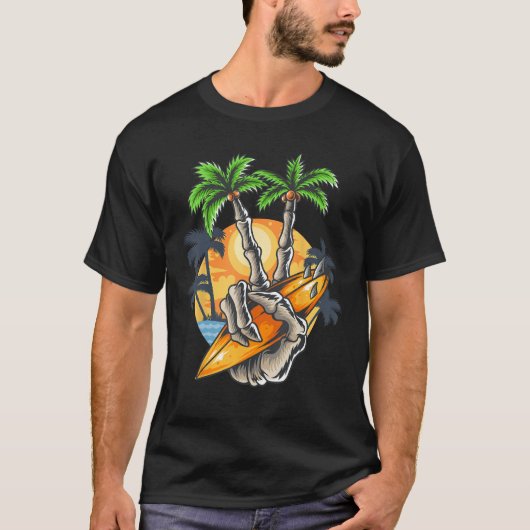Summer skull coconut tree finger holding beach sur tシャツ (正面)