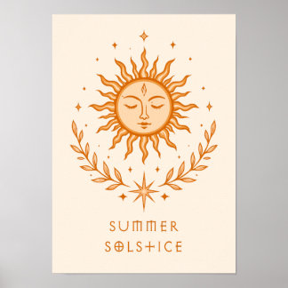 Summer Solstice Celestial Sun Face Botanical Art ポスター