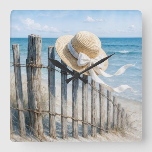 Summer Straw Hat On Beach Fence スクエア壁時計 (正面)